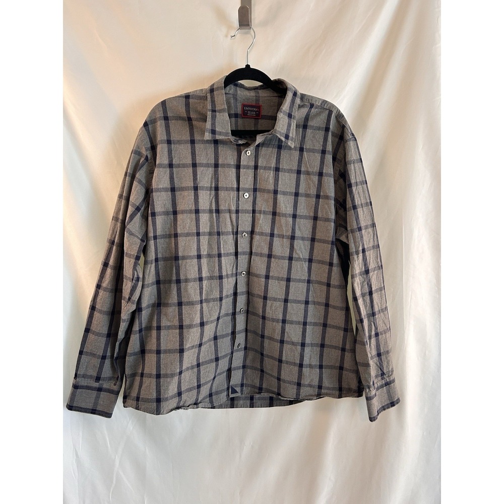 untuckit shirt mens xxl button up long sleeve cotton plaid gray blue casual flaw